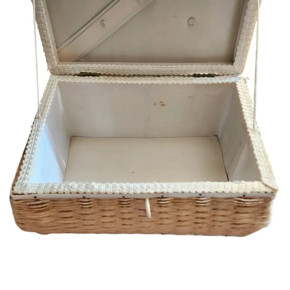 Vintage Natural Woven Fiber Woven Sewing Basket Lined Interior Box